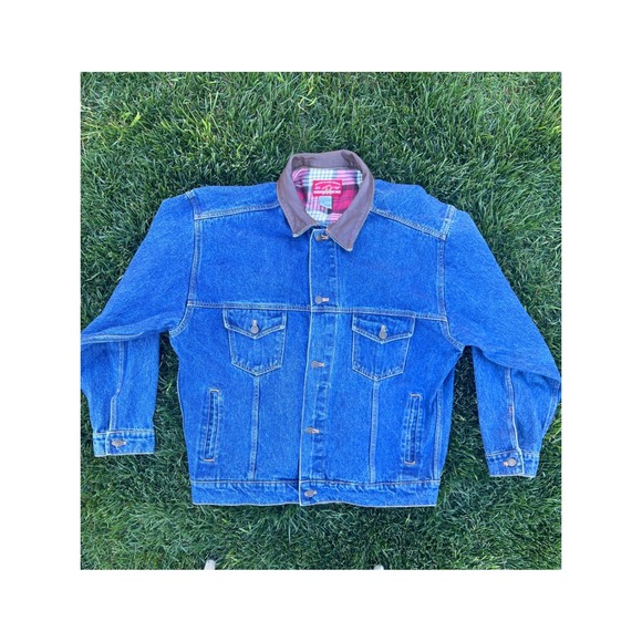 Marlboro Country Store Denim Jacket Blue Flannel Lined Leather Collar MCS 273 XL
